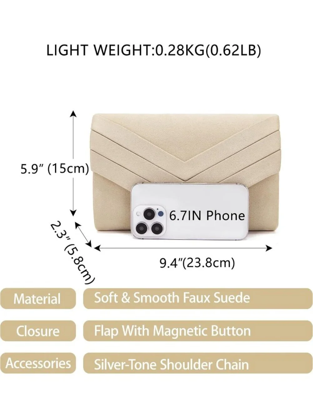Women's Beige Suede Pleated Clutch Purse For Evening Cross Body Bag Chain